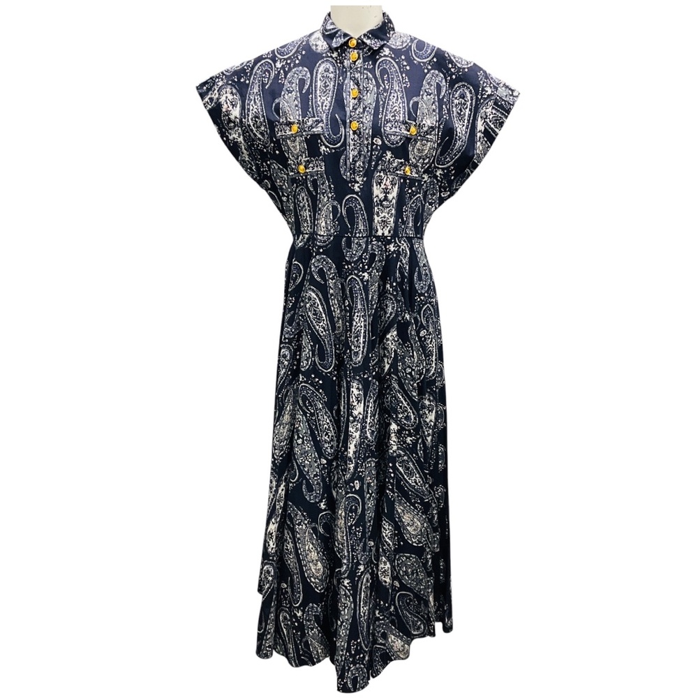 GIAMBATTISTA VALLI NAVY MULTI PAISLEY PRINTED COTTON MIDI DRESS